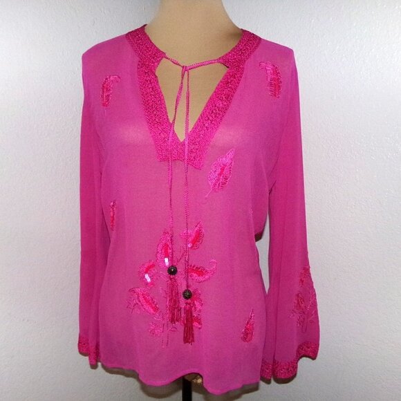 NWT Cami Pink Sheer Embroidered Blouse with Sequins - Picture 1 of 5